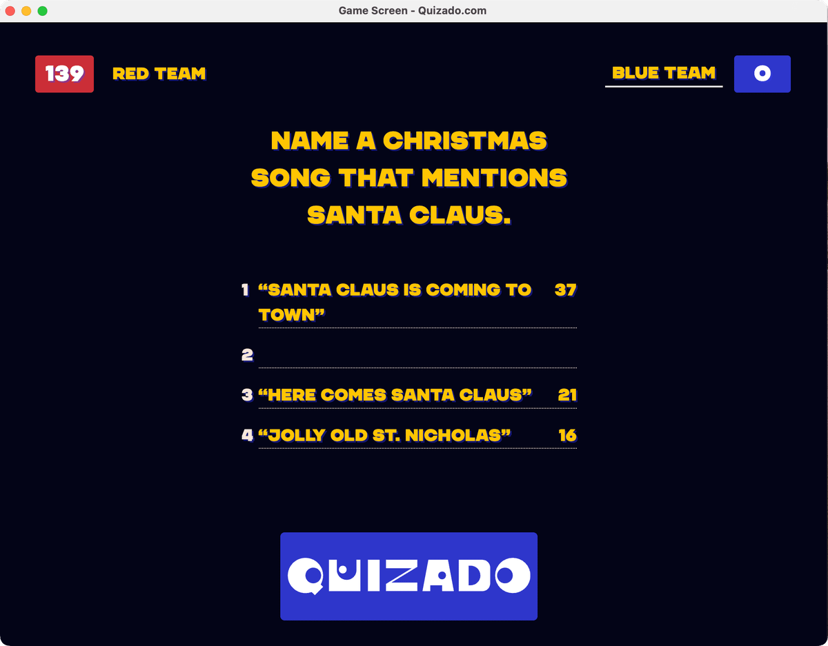 Schermata di gioco di Quizado con una domanda natalizia