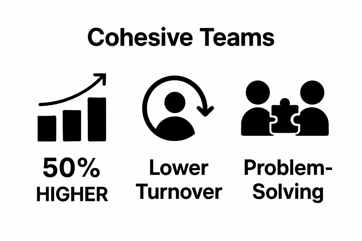 Infographic comparing productivity, turnover, and problem-solving in cohesive vs disconnected teams