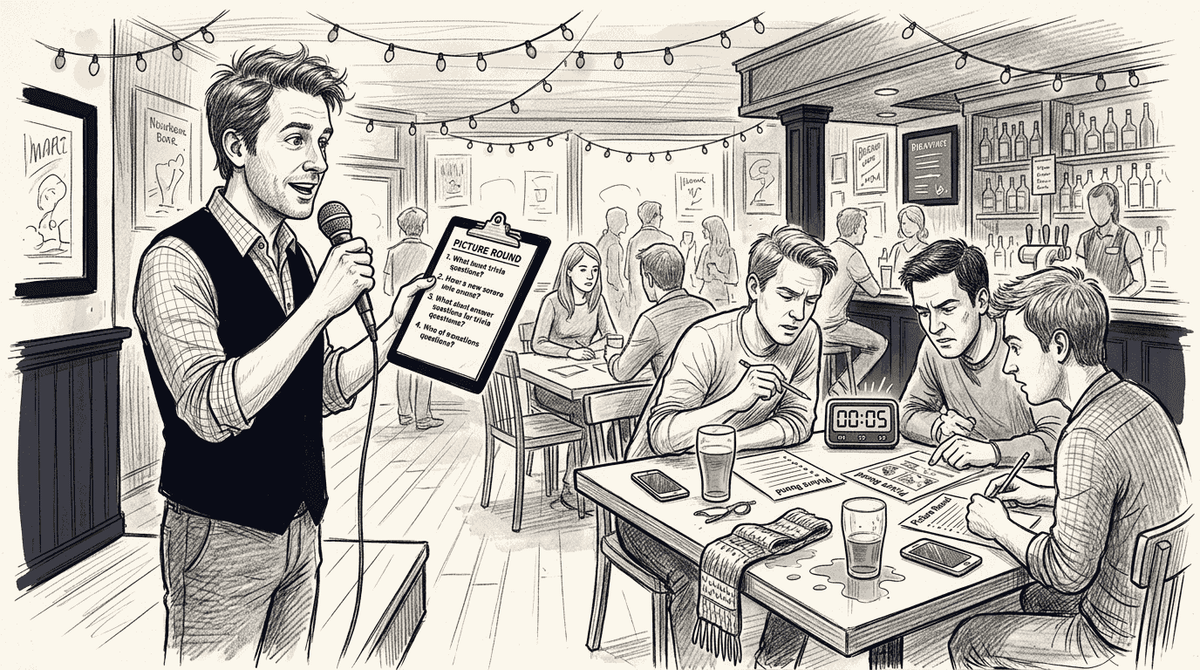 Apresentador conduz uma noite de quiz interativo em um bar