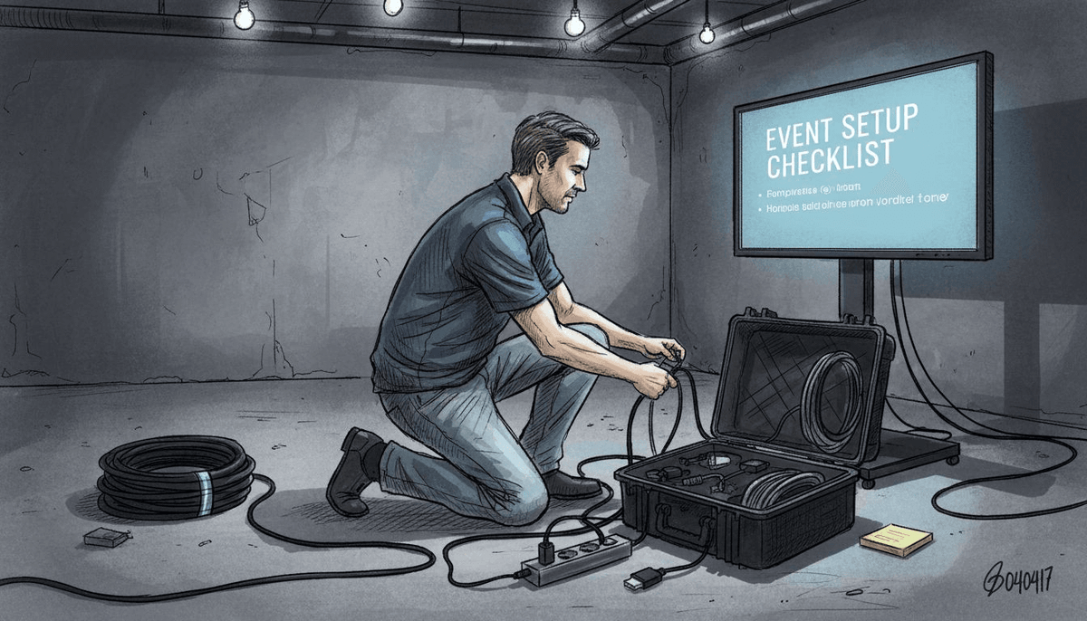 Technician rehearses event technical setup