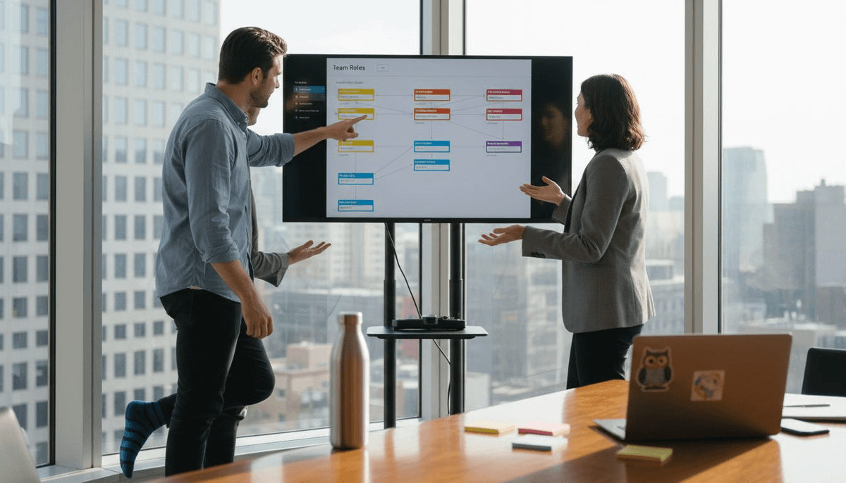 Des collaborateurs configurent la composition des équipes pour un quiz