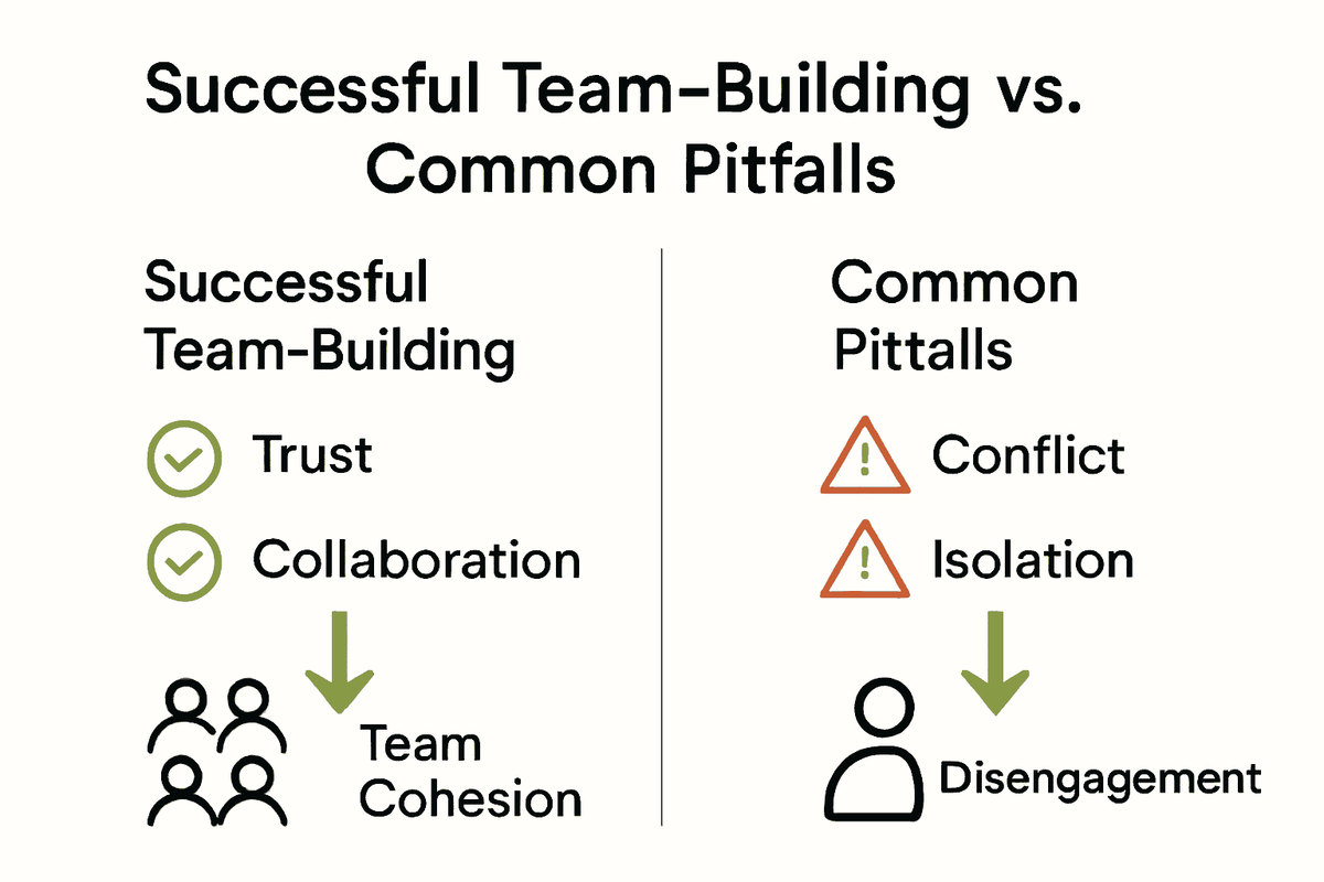 Infographic contrasting effective team-building elements with common mistakes using icons and bullet lists.