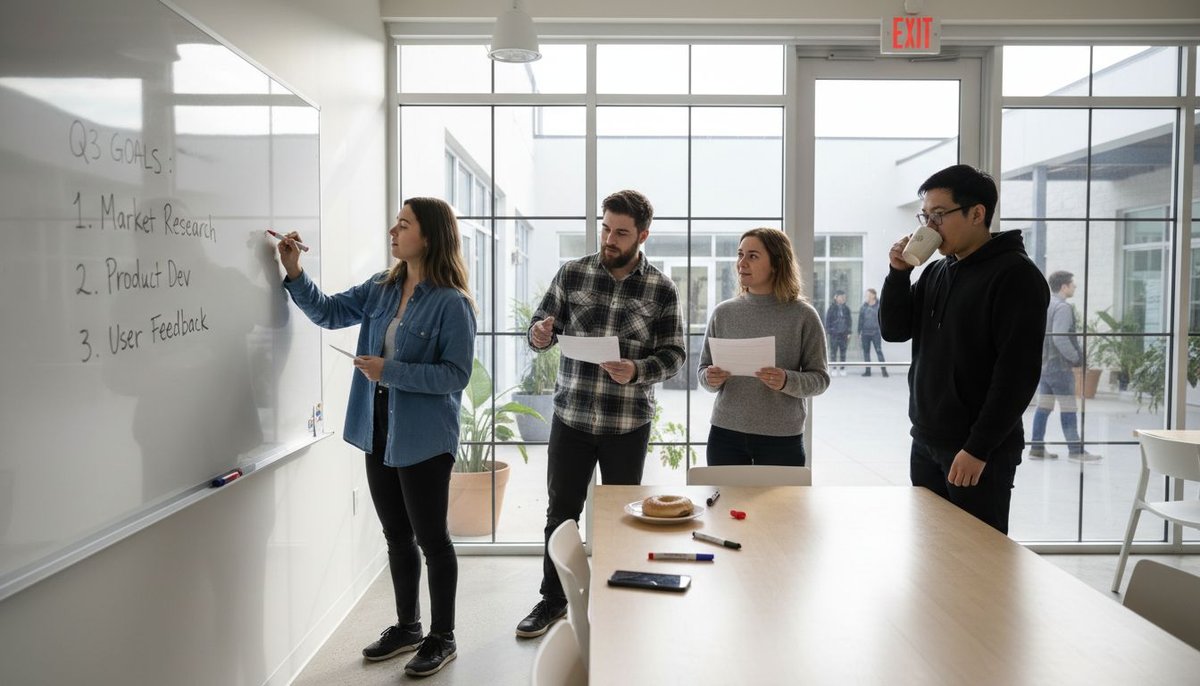 Team planning engagement at whiteboard