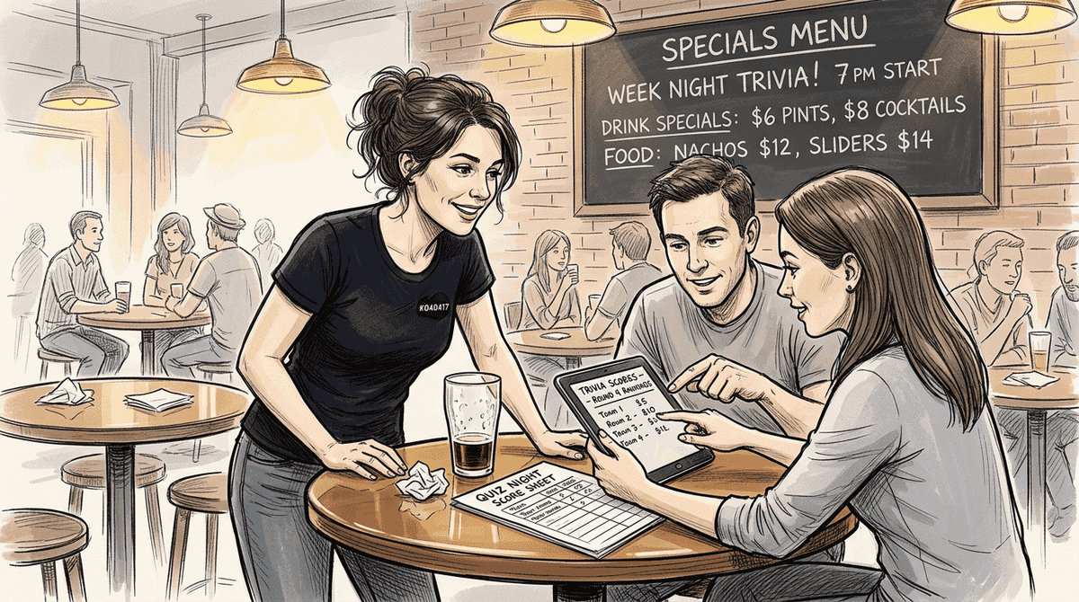 Gerente interagindo com clientes do bar durante uma noite de quiz