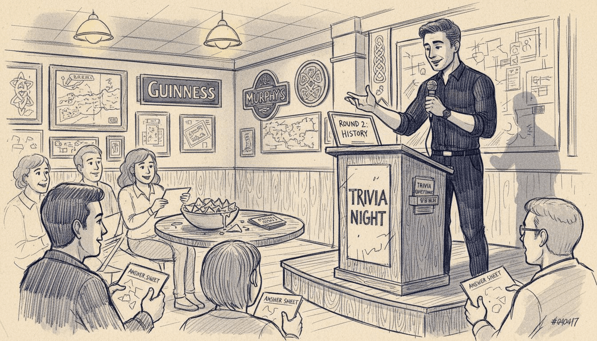 Trivia host reading questions on stage