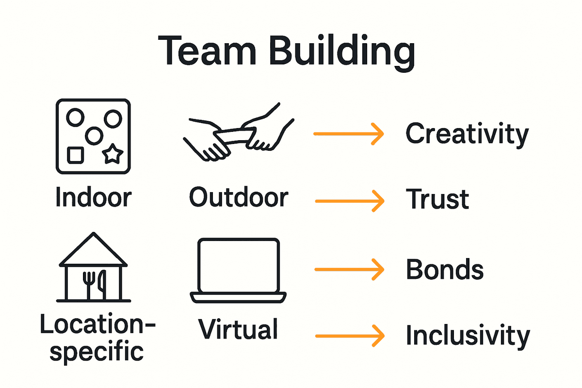 Infográfico comparando os tipos de atividades de team building e seus principais benefícios