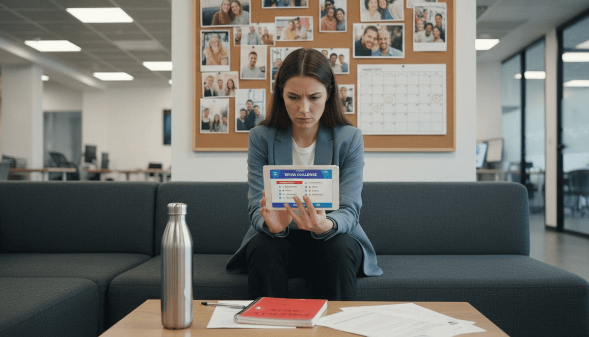 Persona che svolge un quiz digitale nell'area relax dell'ufficio