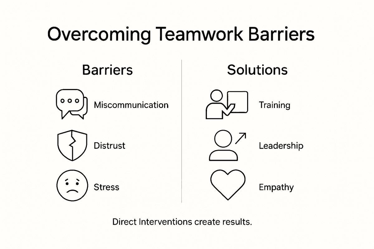 Infographic showing teamwork barriers and solutions