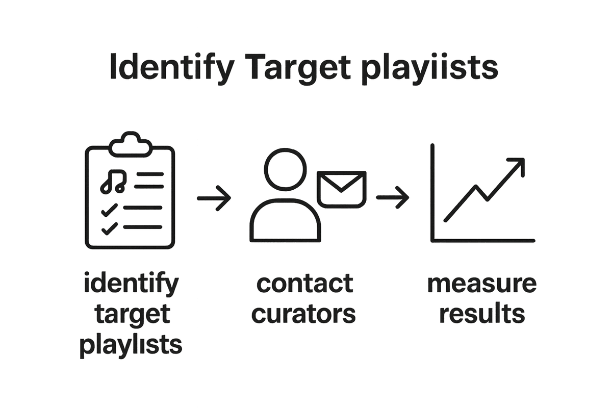 Three-step workflow identifying playlists, contacting curators, and measuring results