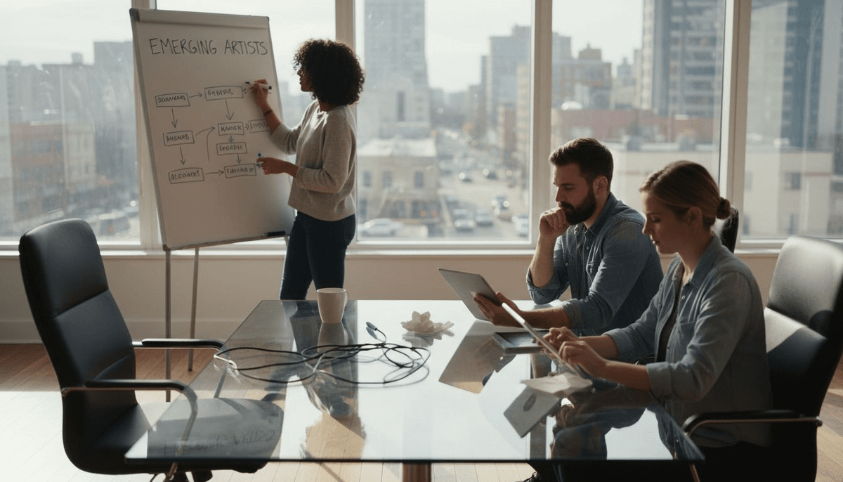 Music team discussing playlist trends