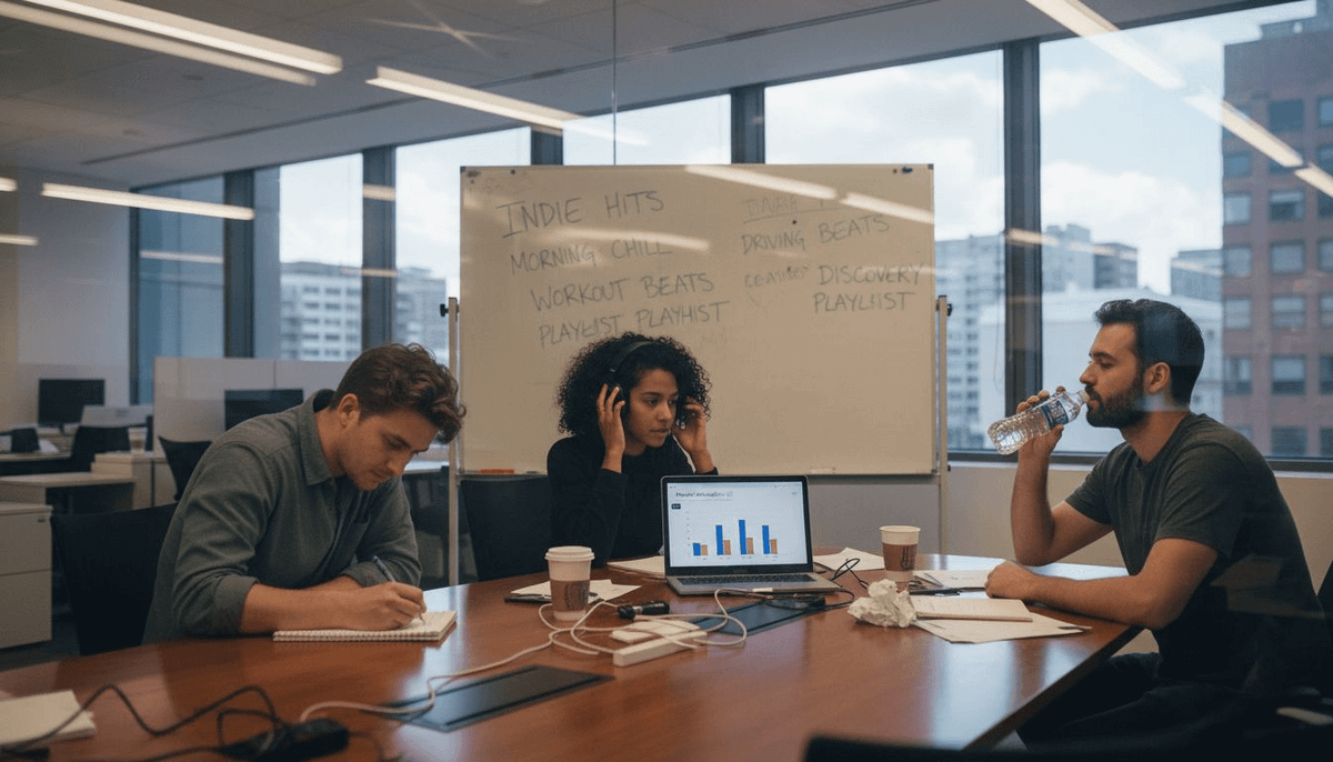 Music curators analyzing playlists in meeting