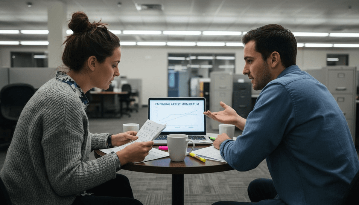 Colleagues discussing playlist data analytics