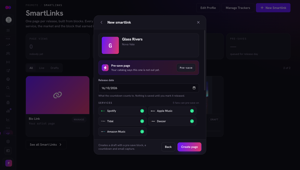 Creating a pre-save page in Music24: the release date and the services fans can pre-save on