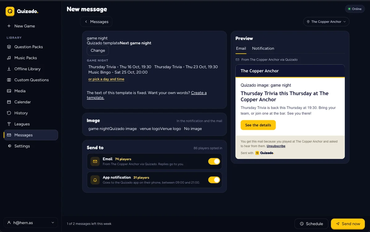 Het scherm Nieuw bericht in Quizado met het sjabloon Volgende spelavond, de schakelaars E-mail en App-melding en het voorbeeld van de mail