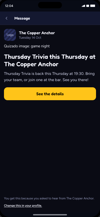 Een bericht van de zaak, geopend in de Quizado-app op de telefoon van een speler
