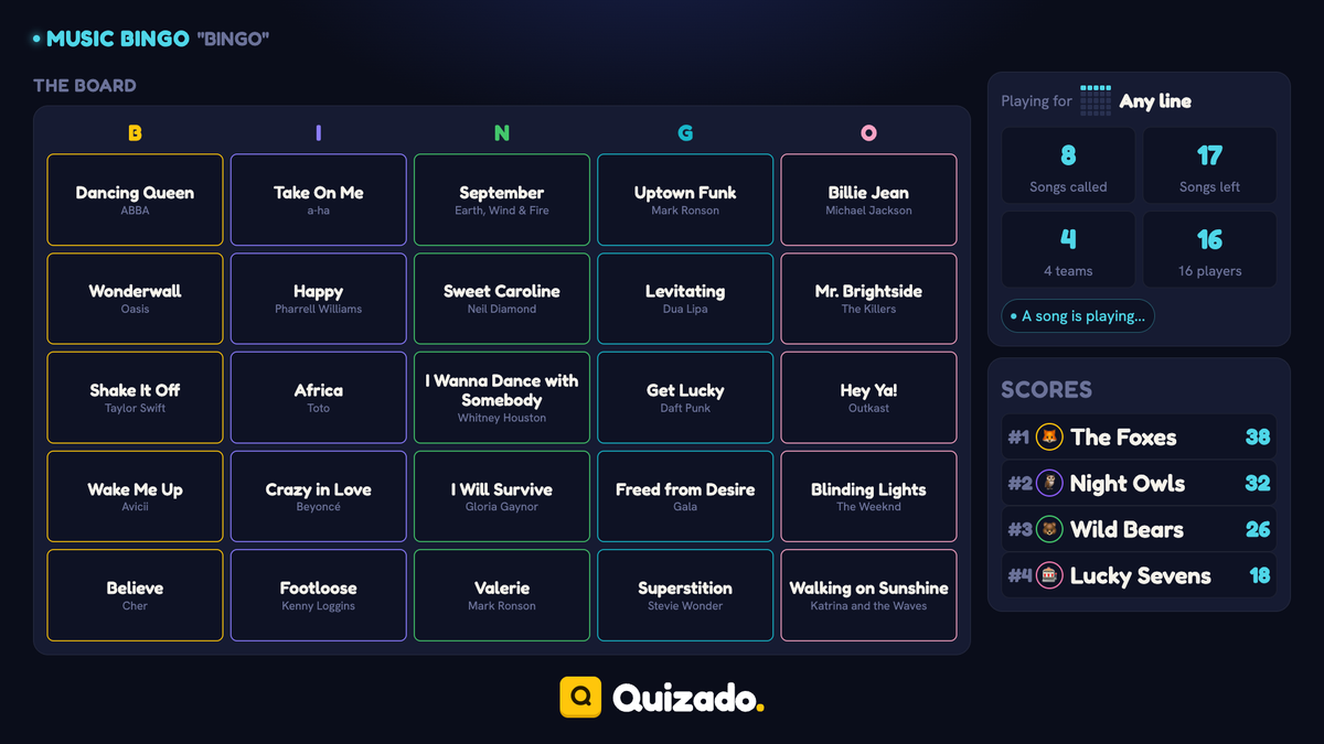 Music Bingo game display in Quizado