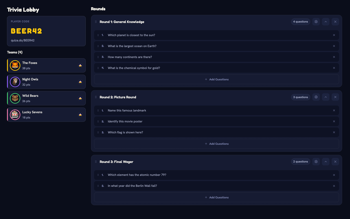 Een vooraf voorbereide Trivia-lobby met de deelnamecode, de teams en de rondes