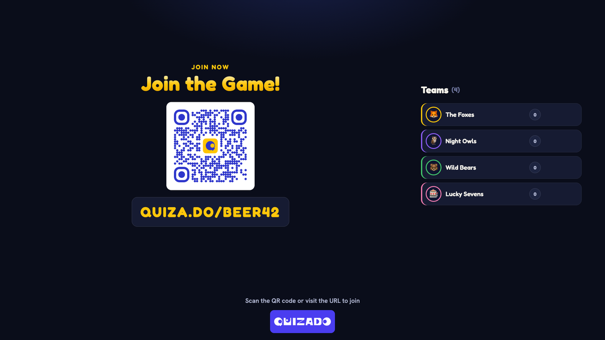 Quizado join screen with a QR code for players
