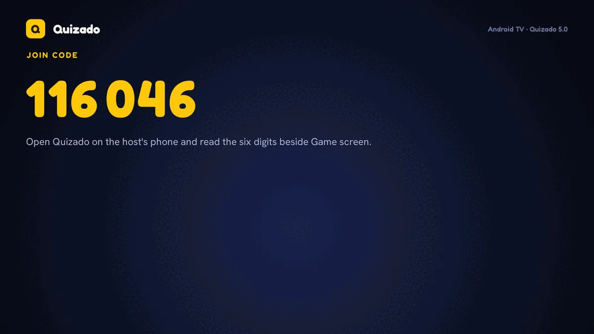 Die Quizado-App für Android TV wartet auf den sechsstelligen Code