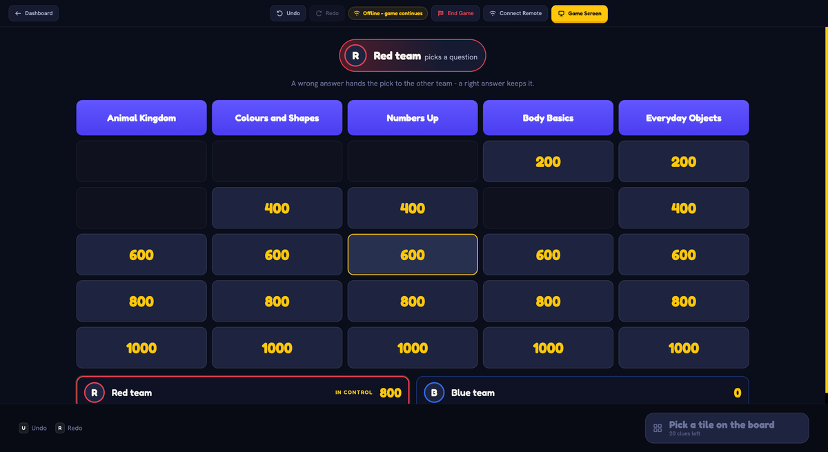 Jeopardy board running offline in Quizado