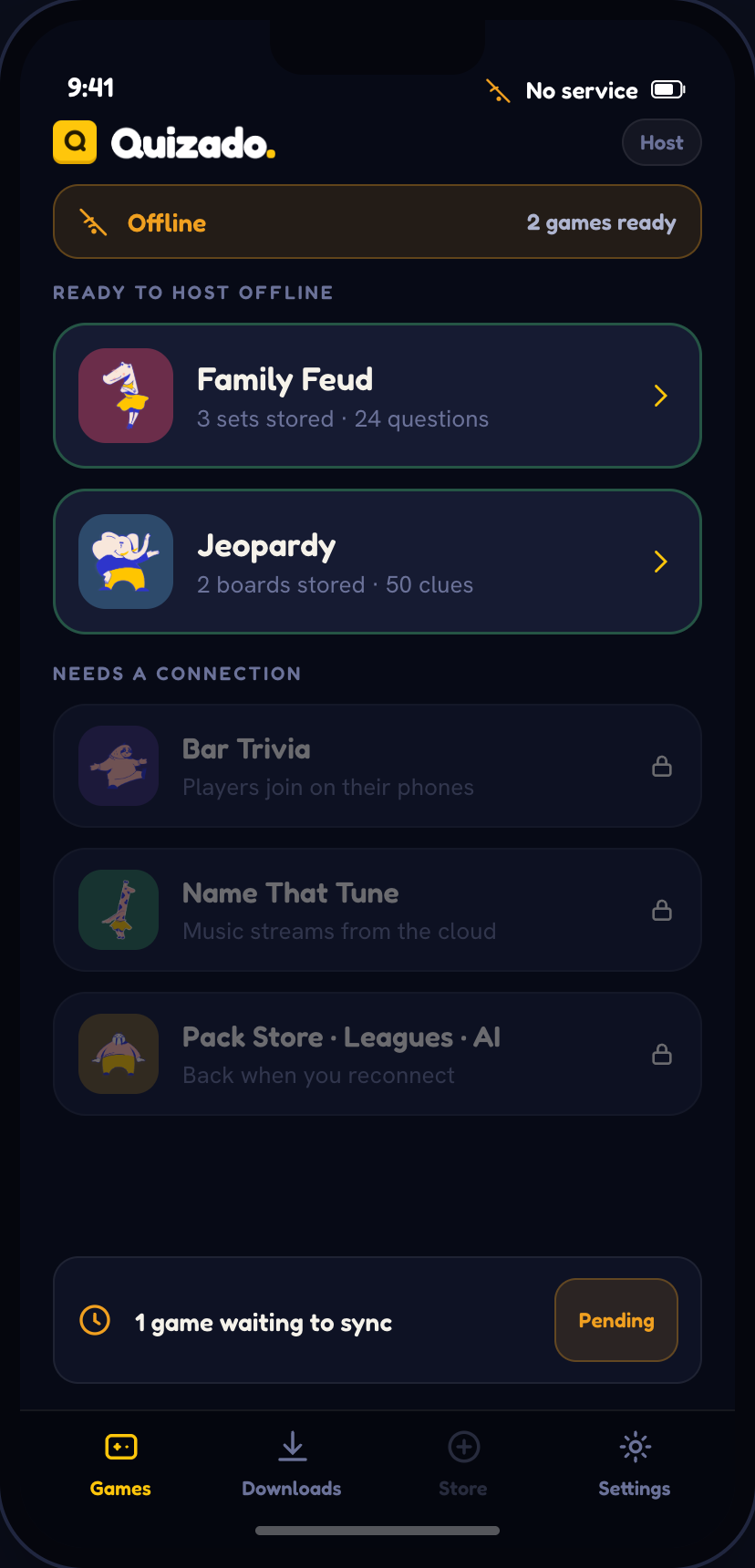 Downloaded game sets in the Quizado mobile host app