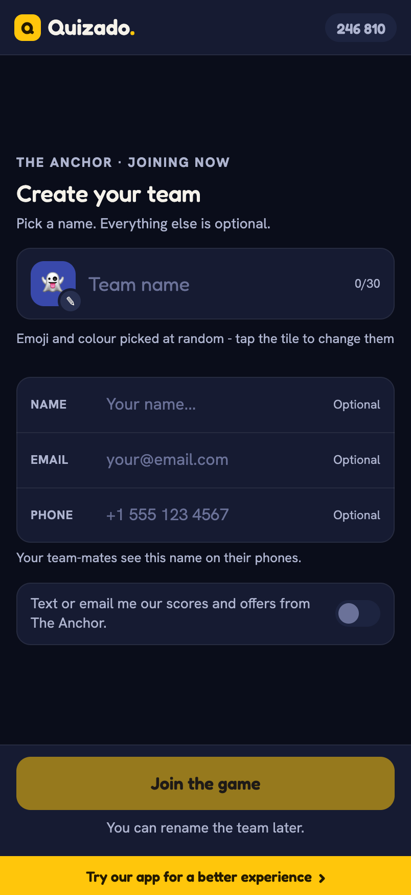 Een gast maakt een team aan in de browser van de telefoon