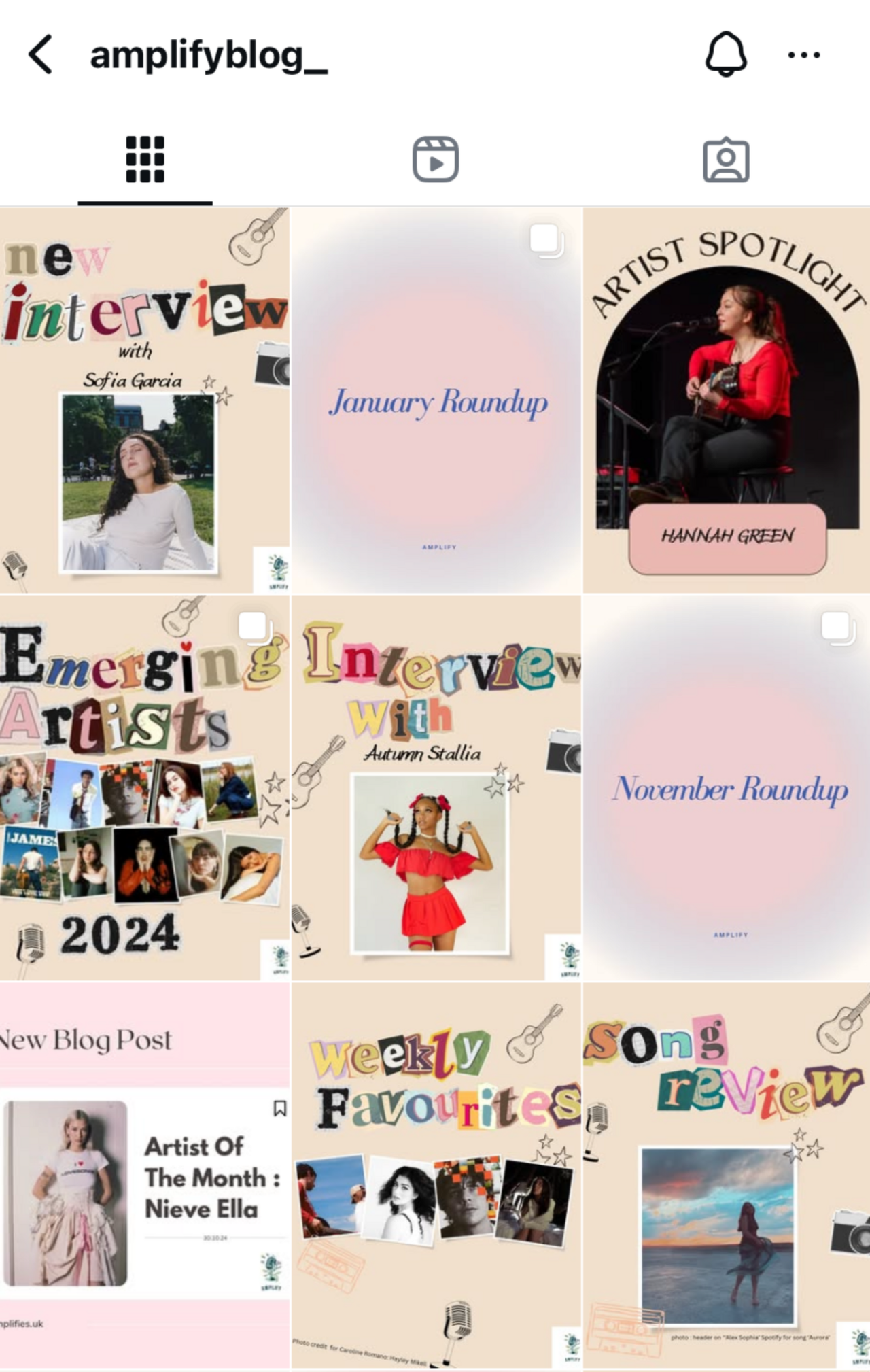 Instagram grid from amplifyblog_ with artist spotlights, interviews, monthly roundups and song reviews