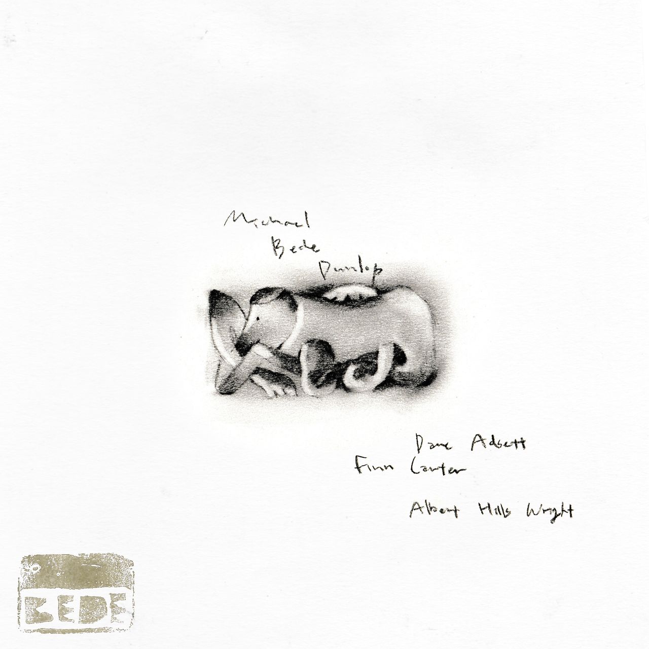 Bede album cover - pencil sketch of a curled animal with handwritten musician names