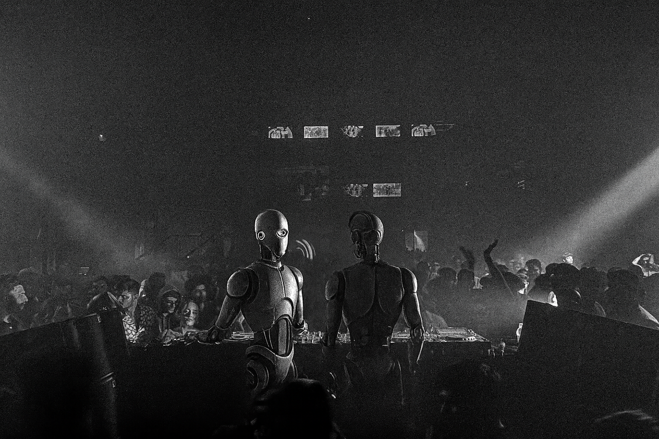 Two humanoid robots at DJ decks in front of a crowd, in black and white