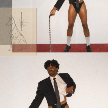 DOG SAY? artwork - a collage of Bronze Avery in a suit and tie, legs holding a chain lead, and a dog sketch