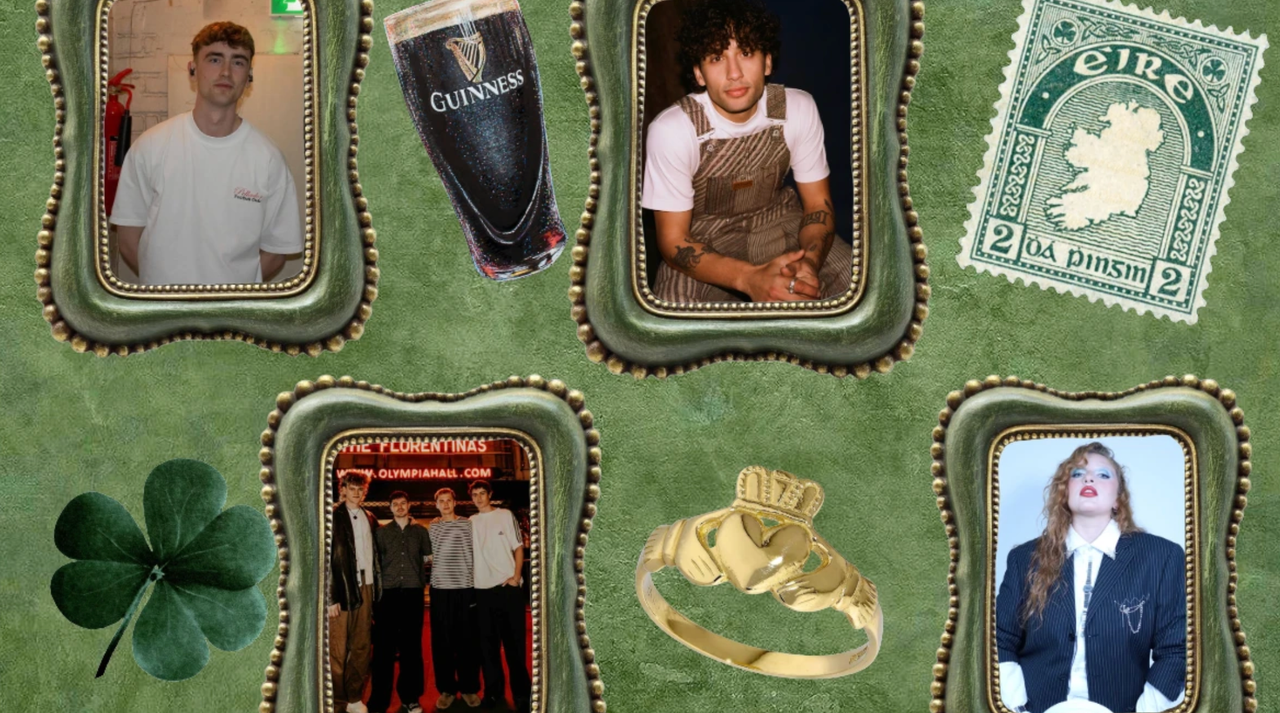 IndiesNext Irish-themed collage of framed artist photos with a Guinness, a shamrock and a Claddagh ring
