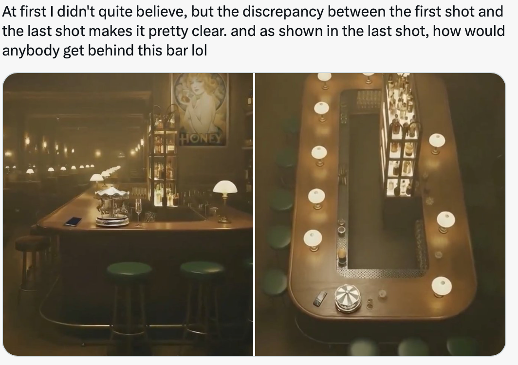 Reddit post comparing two AI-video shots of a bar - in the last, the bar has no way for anyone to get behind it