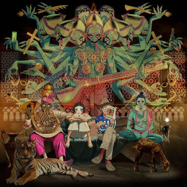 Gorillaz press artwork - the cartoon band seated with a tiger and goat beneath a many-armed Hindu deity figure