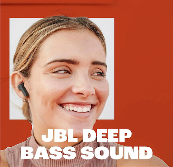 JBL Vibe Beam earbud worn by a smiling woman, with the text 'JBL Deep Bass Sound'