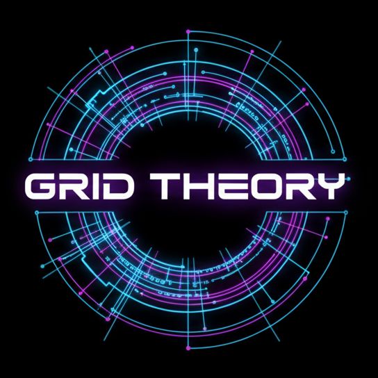 Grid Theory logo inside glowing blue and purple circuit rings