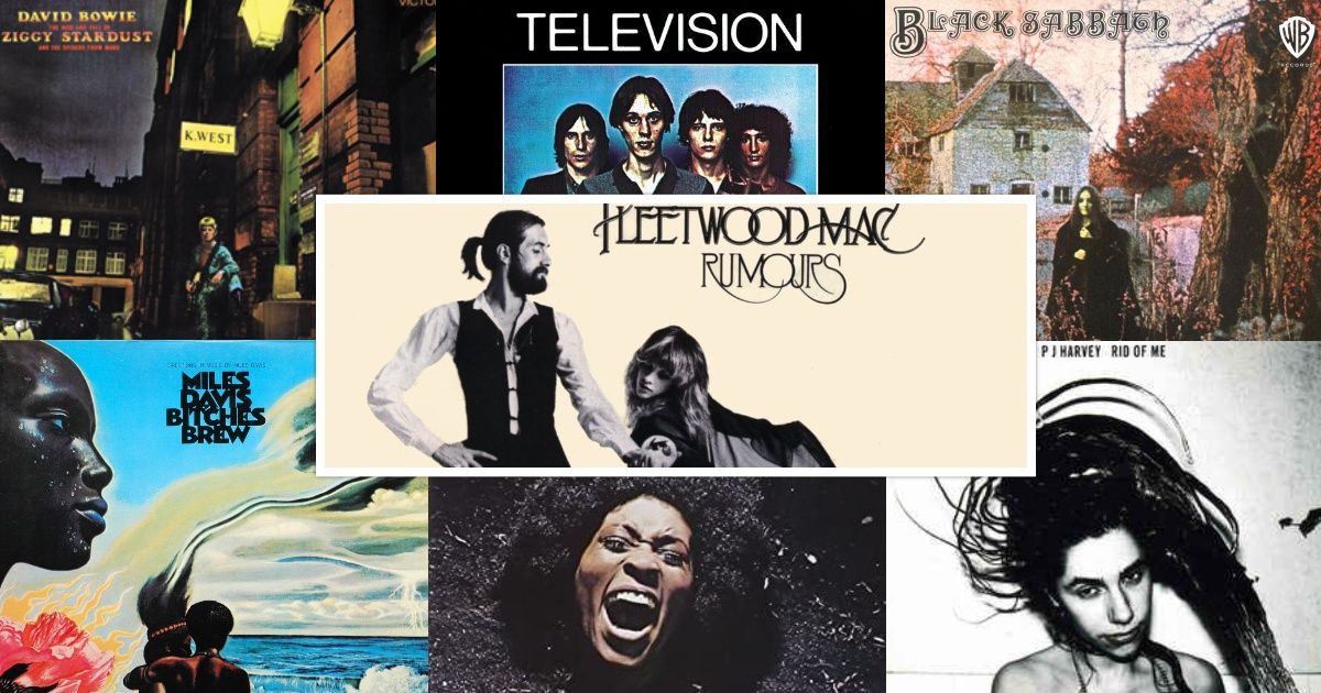 Collage of classic album covers including Fleetwood Mac's Rumours, Television, Black Sabbath and David Bowie