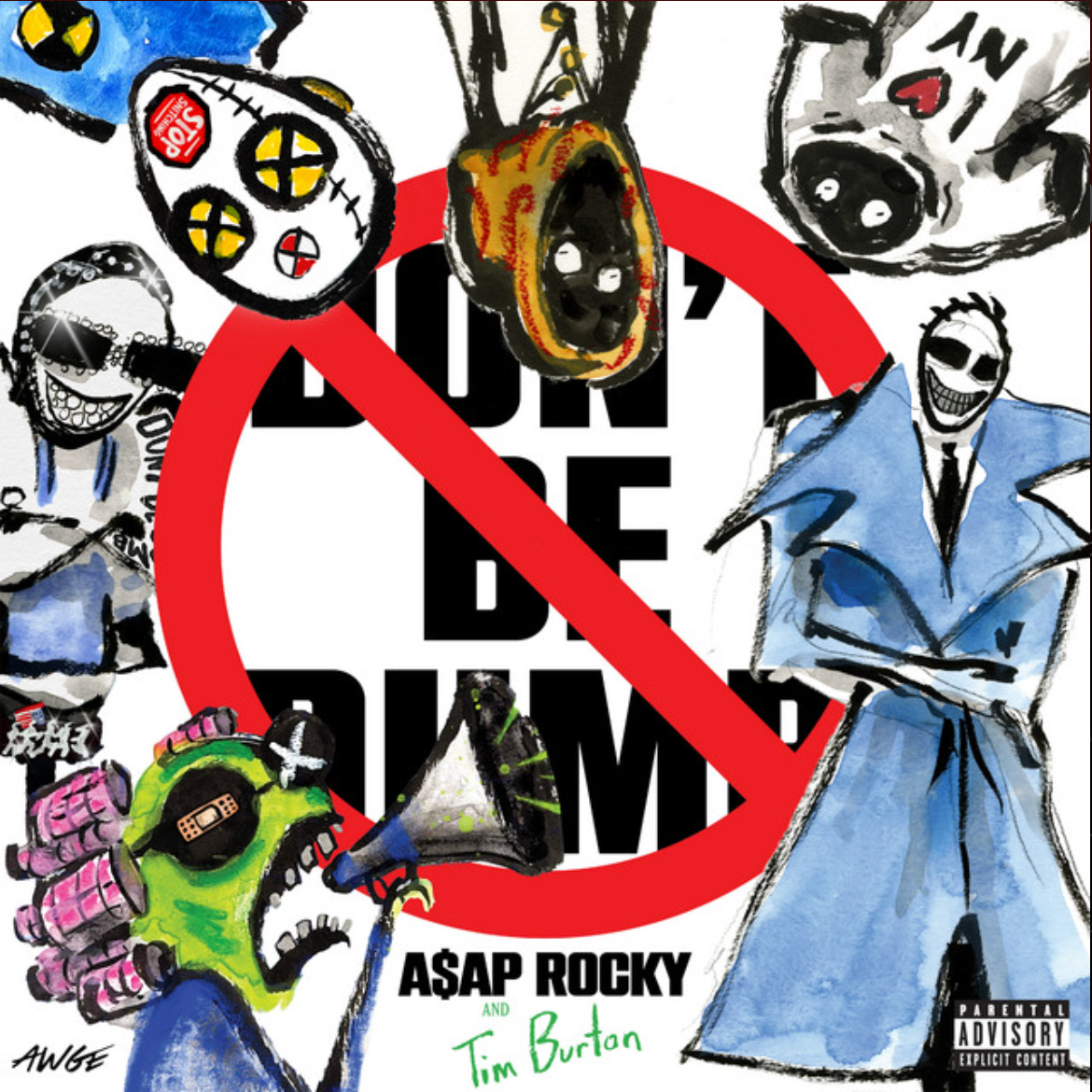 Album cover for A$AP Rocky's DON'T BE DUMB with Tim Burton - cartoon masks around a red no-entry sign