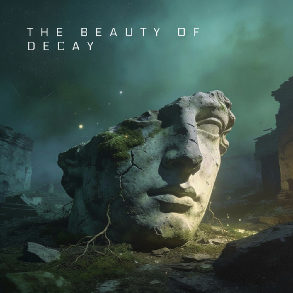 Grid Theory's The Beauty of Decay cover - a cracked stone face overgrown with moss among ruins