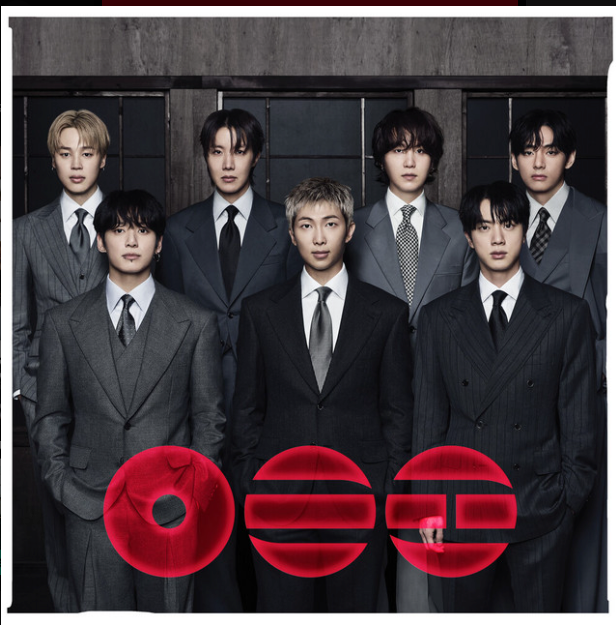 ARIRANG cover - BTS in dark suits behind the red album logo