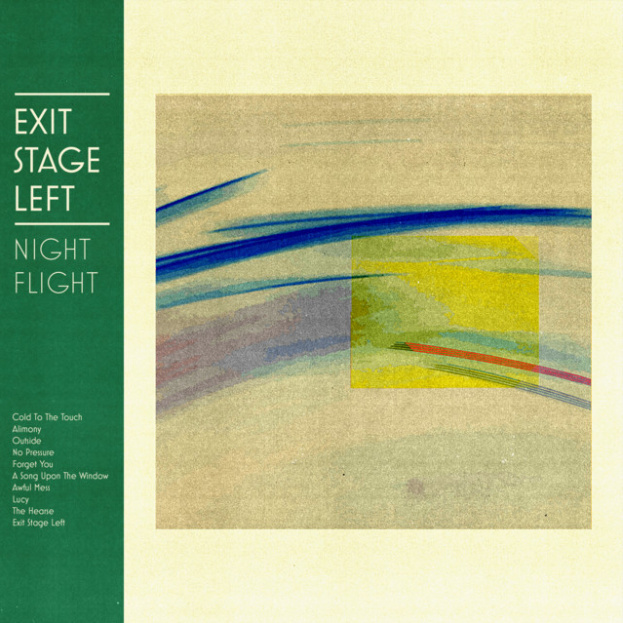 Album cover for Night Flight's Exit Stage Left - abstract blue and yellow brush strokes with the tracklist