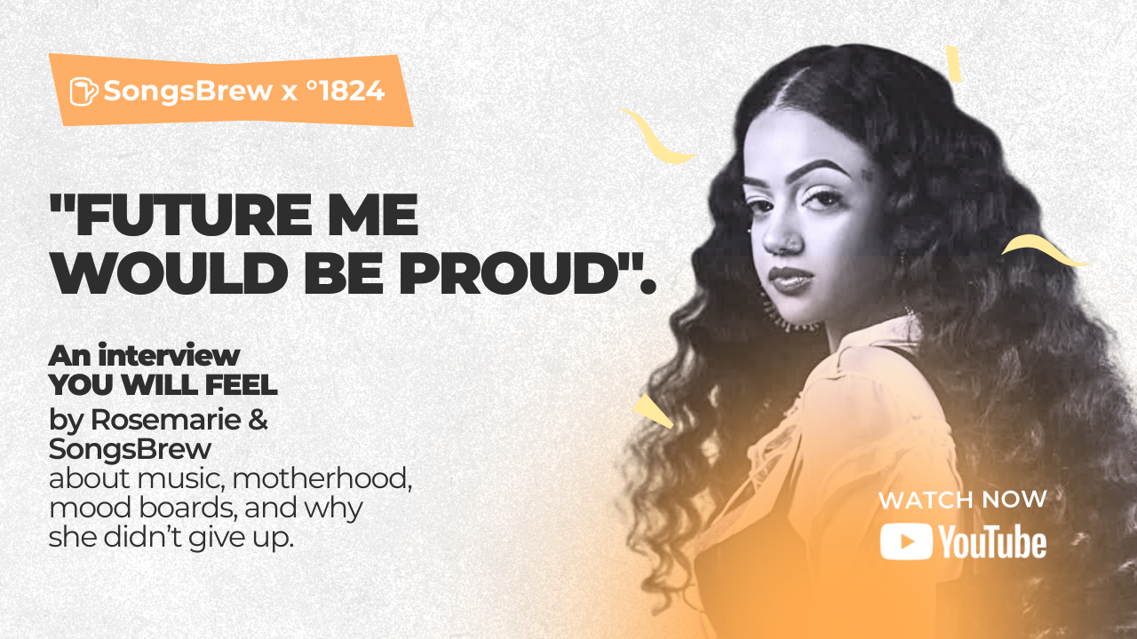 Interview banner: 'Future me would be proud' - Rosemarie on music, motherhood, mood boards, watch on YouTube