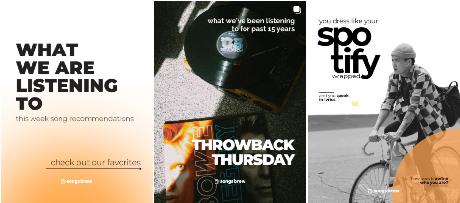 SongsBrew Instagram posts: What we are listening to, Throwback Thursday, You dress like your Spotify Wrapped