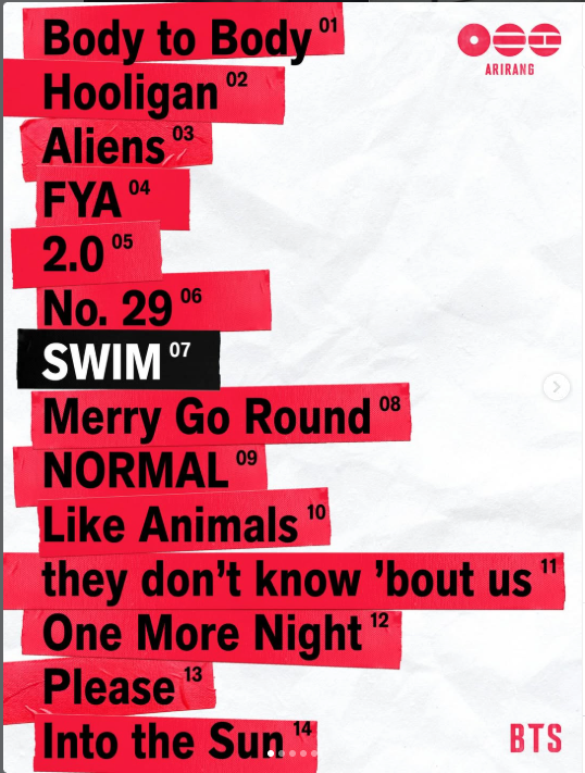 ARIRANG tracklist on red tape strips, 14 songs from Body to Body to Into the Sun, with SWIM highlighted