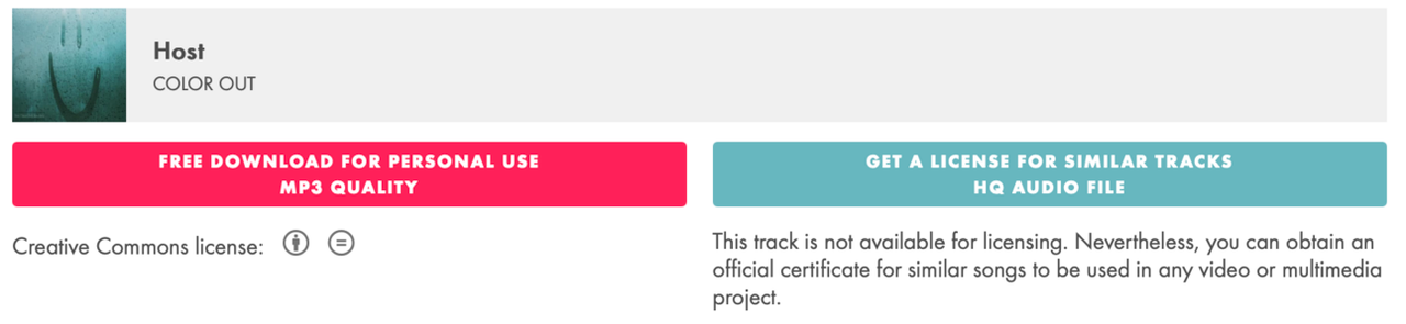 Jamendo track page with a free MP3 download button for personal use and a separate licence option