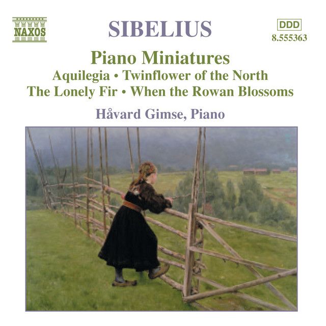 Album cover for Sibelius Piano Miniatures by Håvard Gimse, a girl leaning on a wooden fence