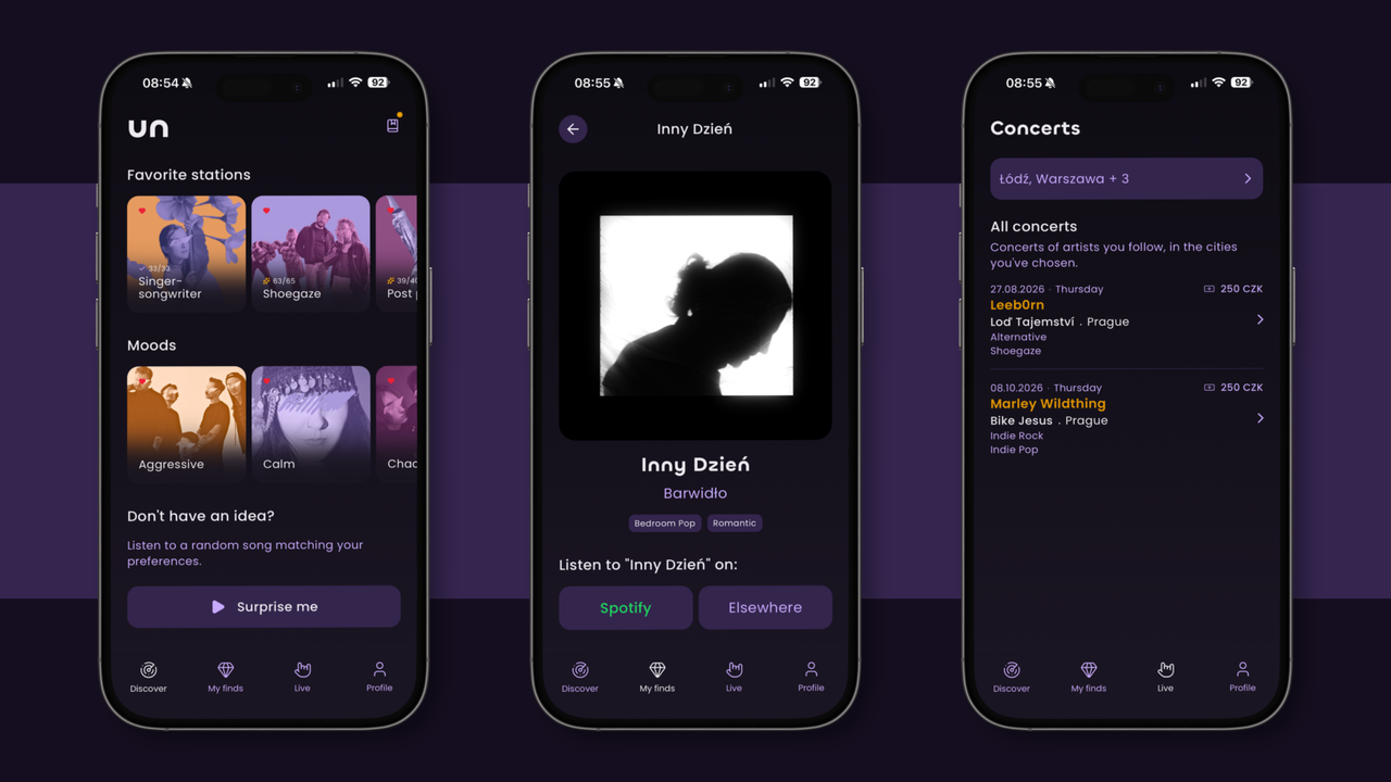 Three Unknown Band app screens: favourite stations and moods, an artist page and local concerts