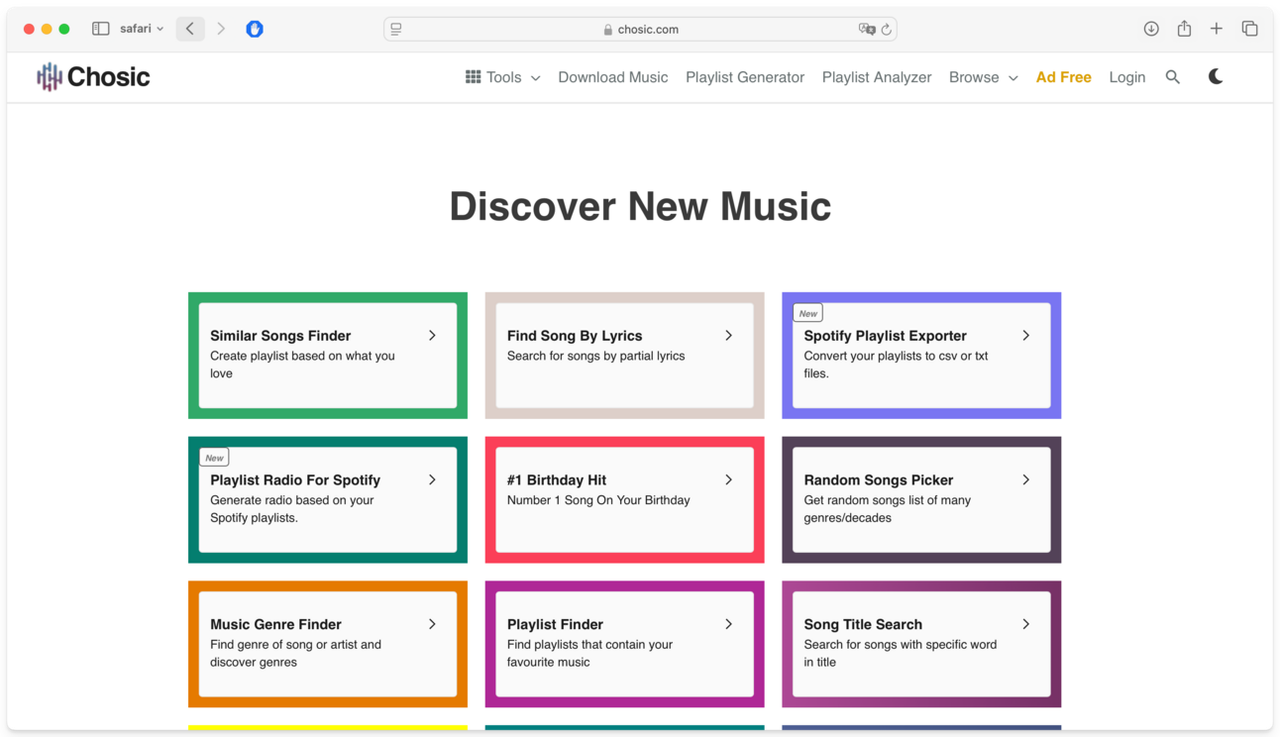 Screenshot of Chosic's Discover New Music page, with tools like Similar Songs Finder and Music Genre Finder