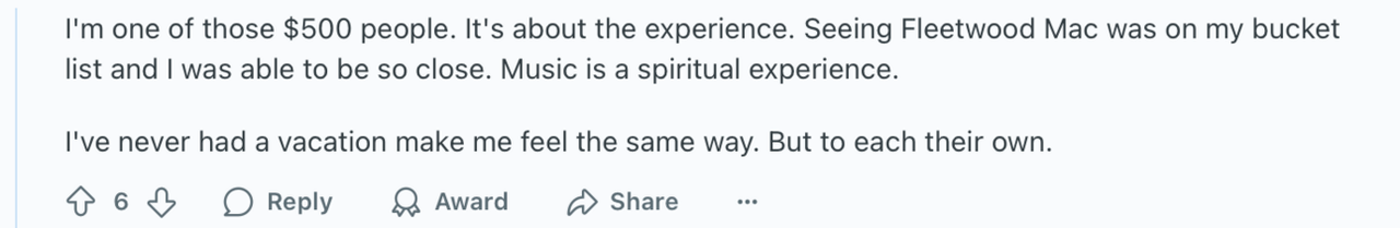 Reddit comment from a fan who paid $500 to see Fleetwood Mac: 'It's about the experience'