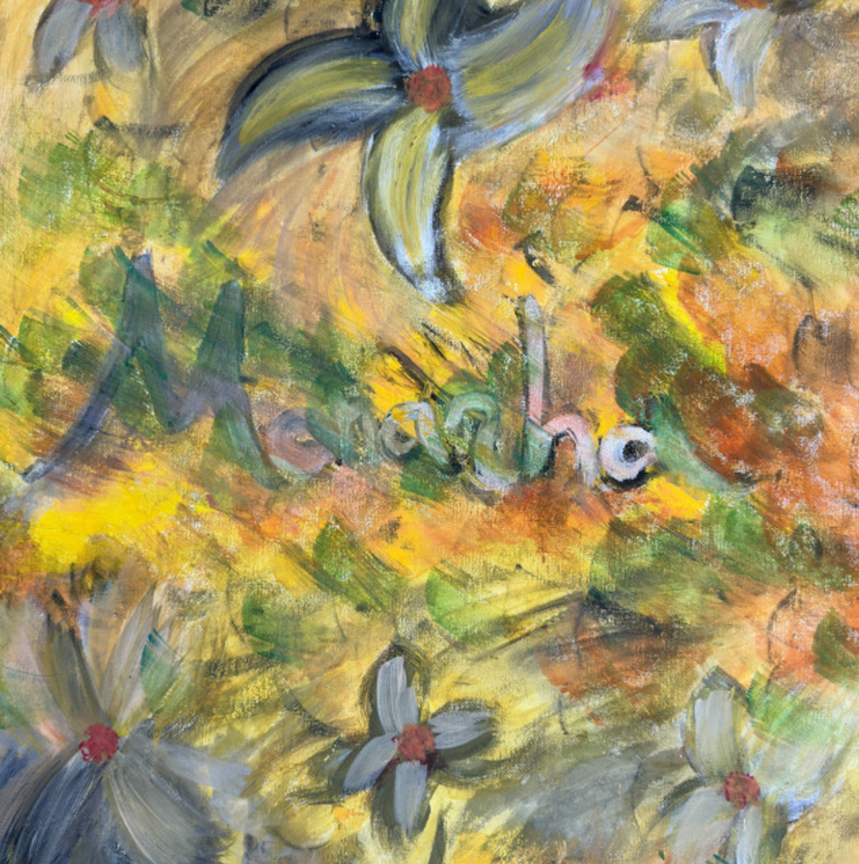 Album cover for MONARHA's Monarha - loose painted flowers in yellow and blue with the name in paint