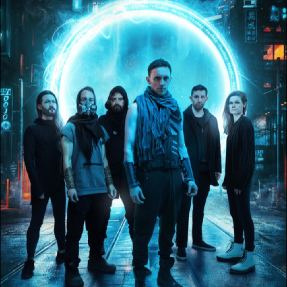 Esoterica, a six-piece band, posing in front of a glowing ring in a neon cityscape